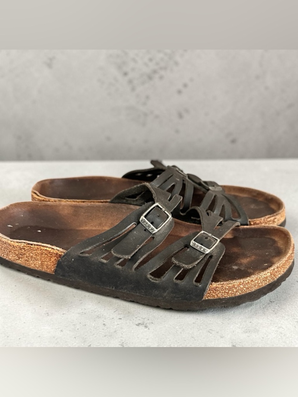 Birkenstock Granada Black Leather Slide Sandals with Buckle Detail